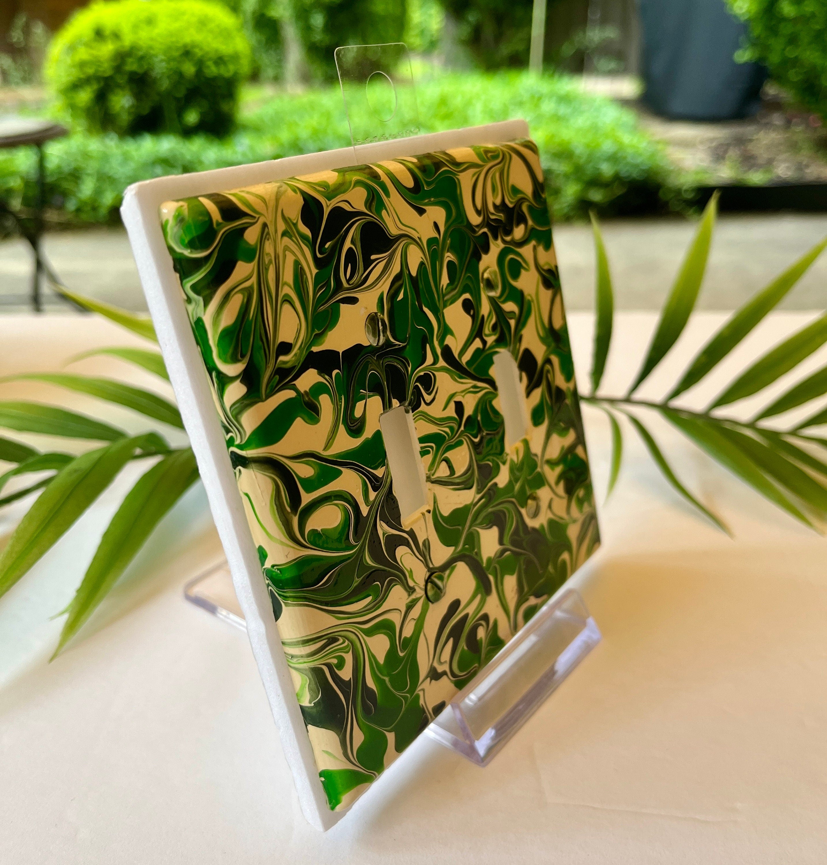 Hand Painted Double Toggle Switch Plate: Green & Ivory Swirl