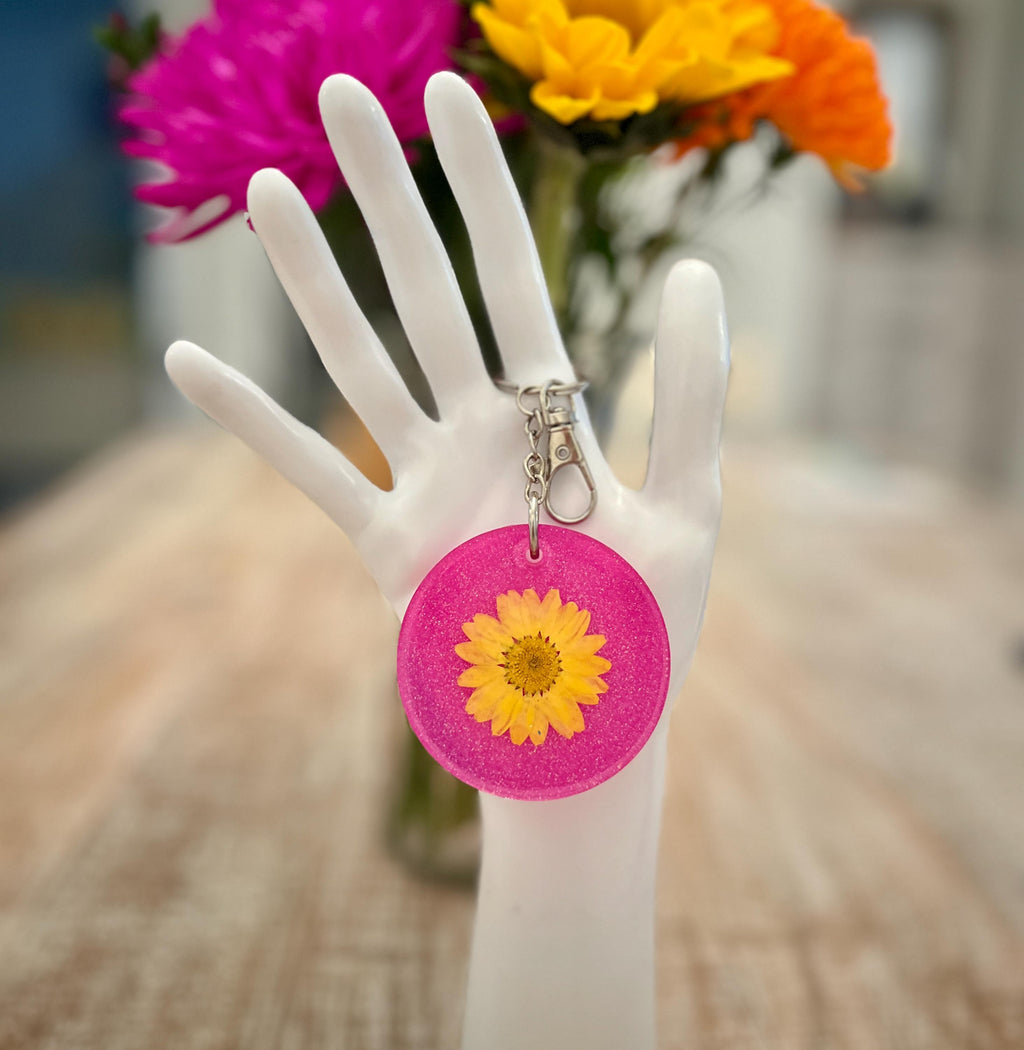 Handmade Pressed Flower Keychain: Pink Glitter Resin Keyring