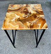 Unique Resin Art Accent Table | Gold & Brown Swirl with Glossy Epoxy Finish