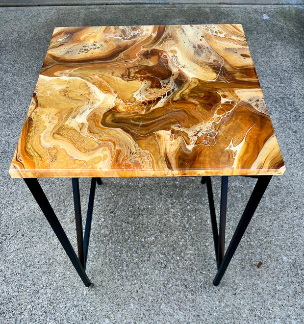 Unique Resin Art Accent Table | Gold & Brown Swirl with Glossy Epoxy Finish