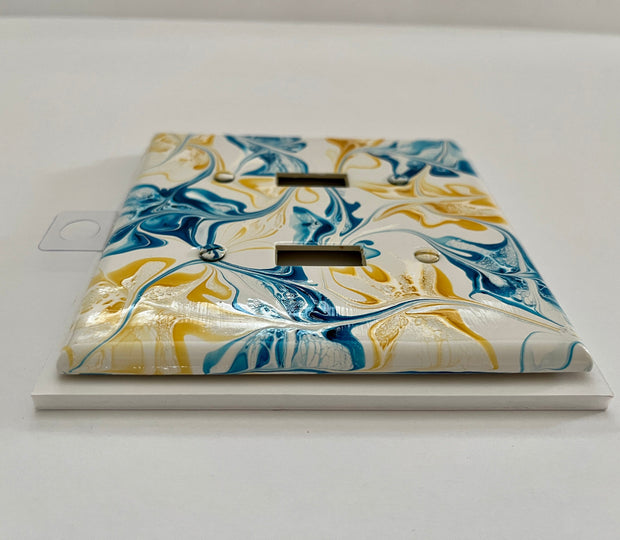 Hand Painted Double Toggle Light Switch Cover: Blue, Yellow, and White