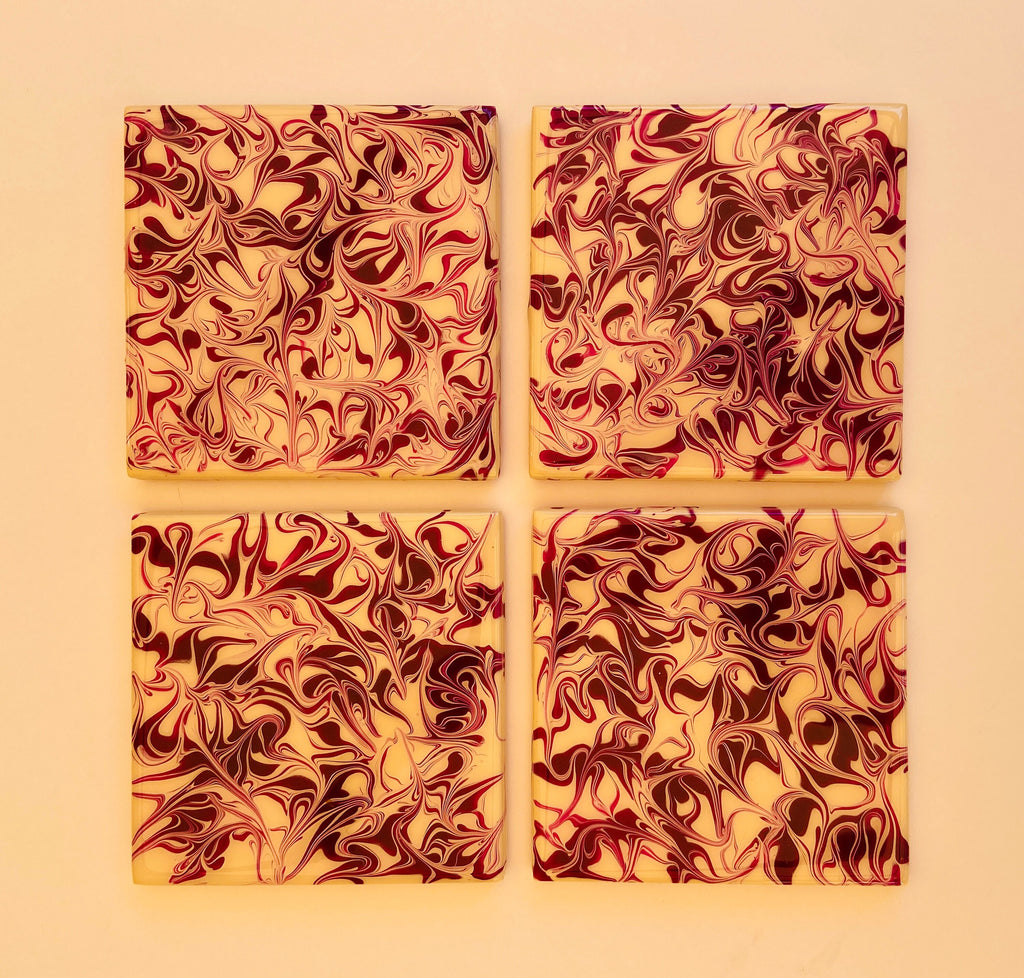 Purple and Ivory Swirl Coaster Set - Handmade Ceramic Tiles, Cork Backing, Resin Sealed