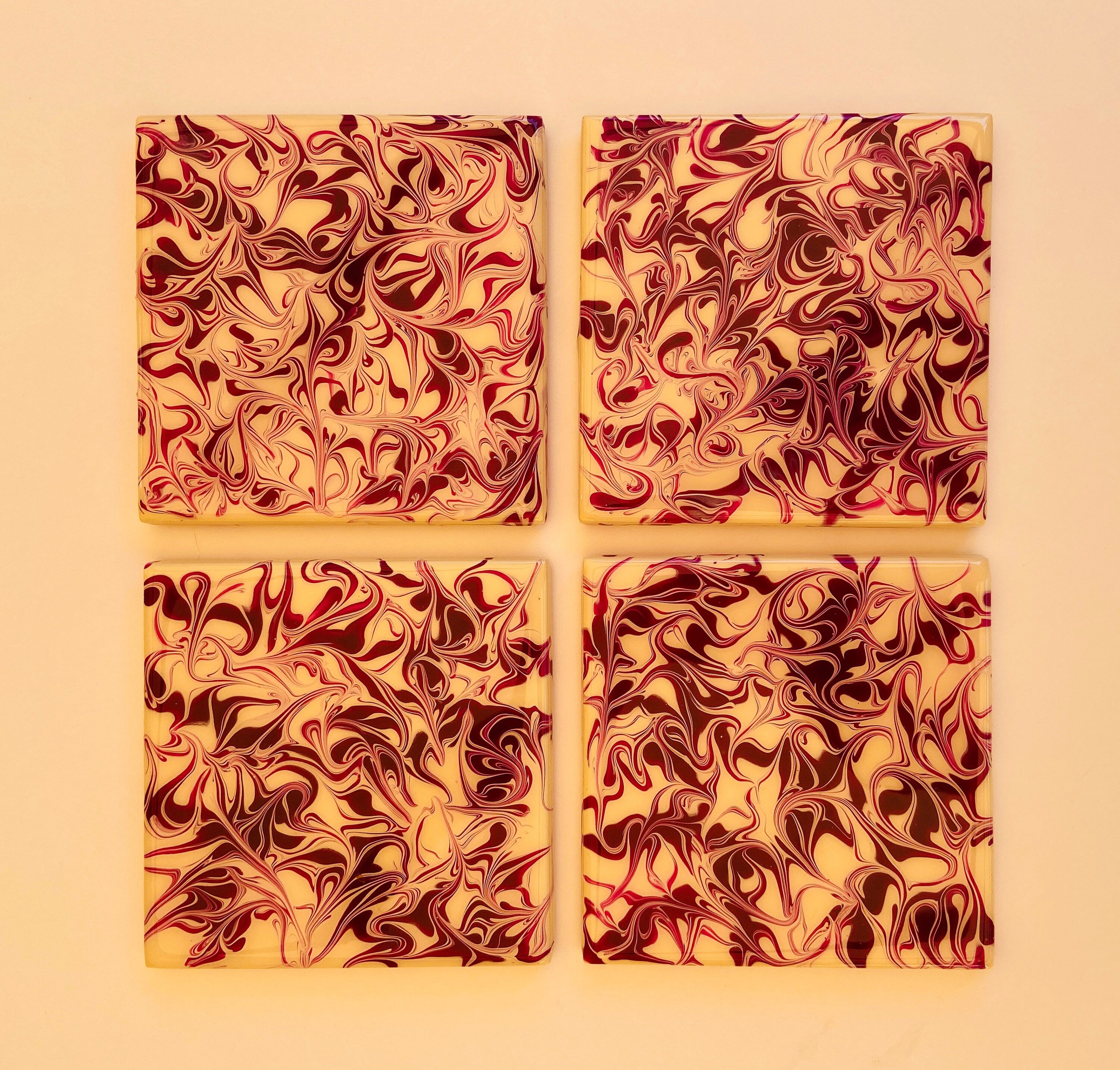 Purple and Ivory Swirl Coaster Set - Handmade Ceramic Tiles, Cork Backing, Resin Sealed