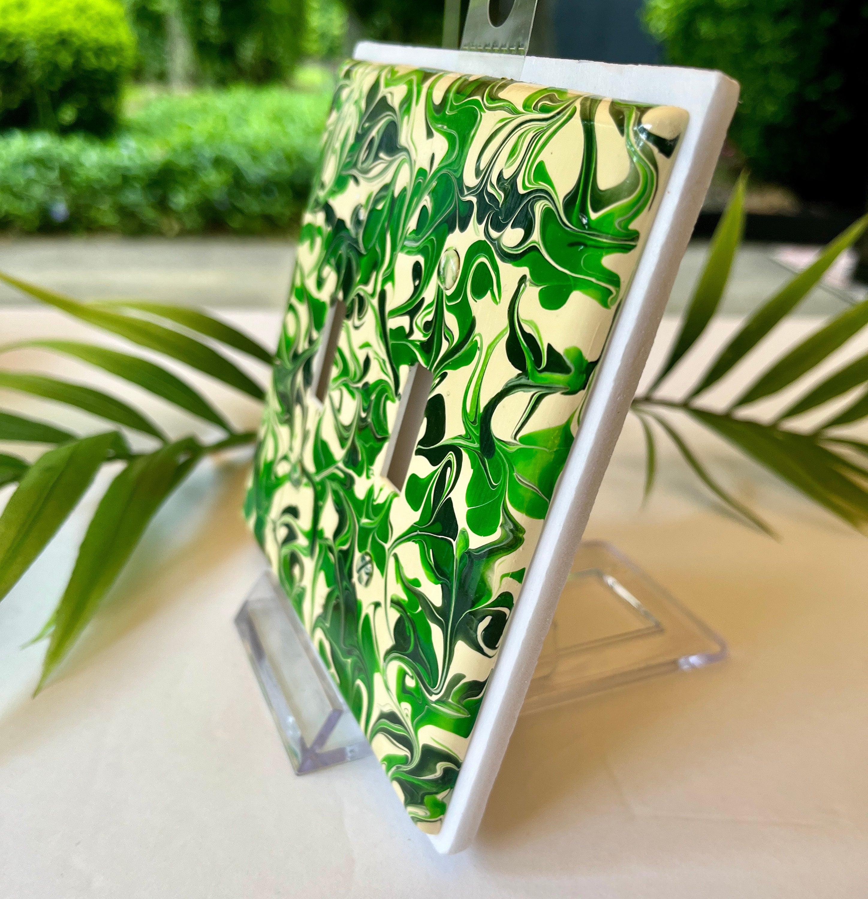 Hand Painted Double Toggle Switch Plate: Green & Ivory Swirl