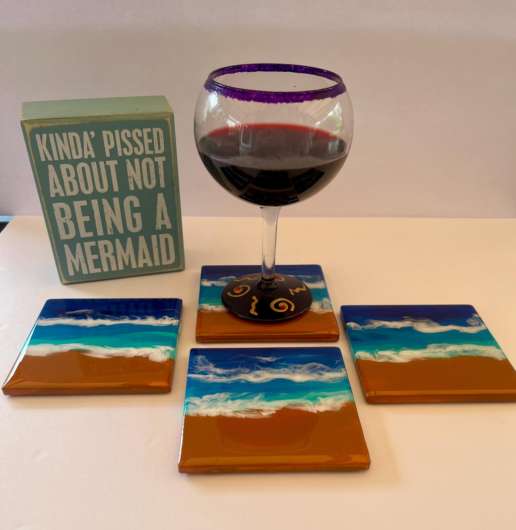 Coastal Ceramic Coasters – Set of 4 Beach-Themed, Hand-Painted & Resin Sealed Drink Coasters