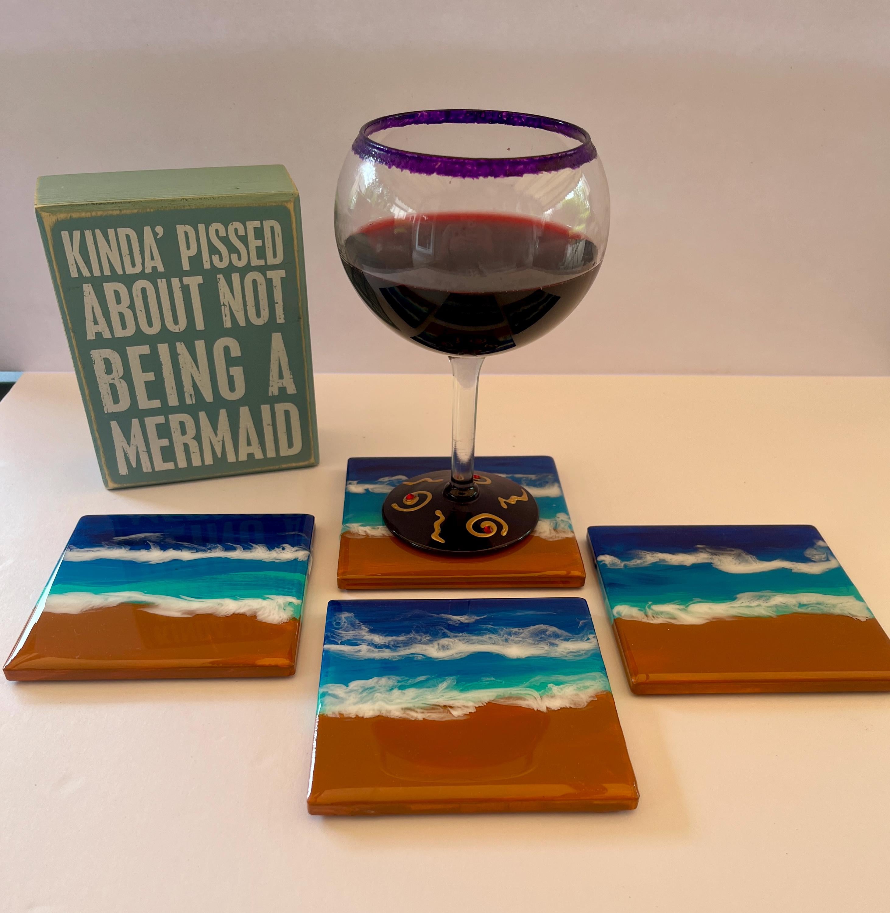 Coastal Ceramic Coasters – Set of 4 Beach-Themed, Hand-Painted & Resin Sealed Drink Coasters