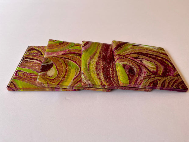 Ceramic Tile Coaster Set: Purple and Green Swirl, Resin Sealed (Set of 4)