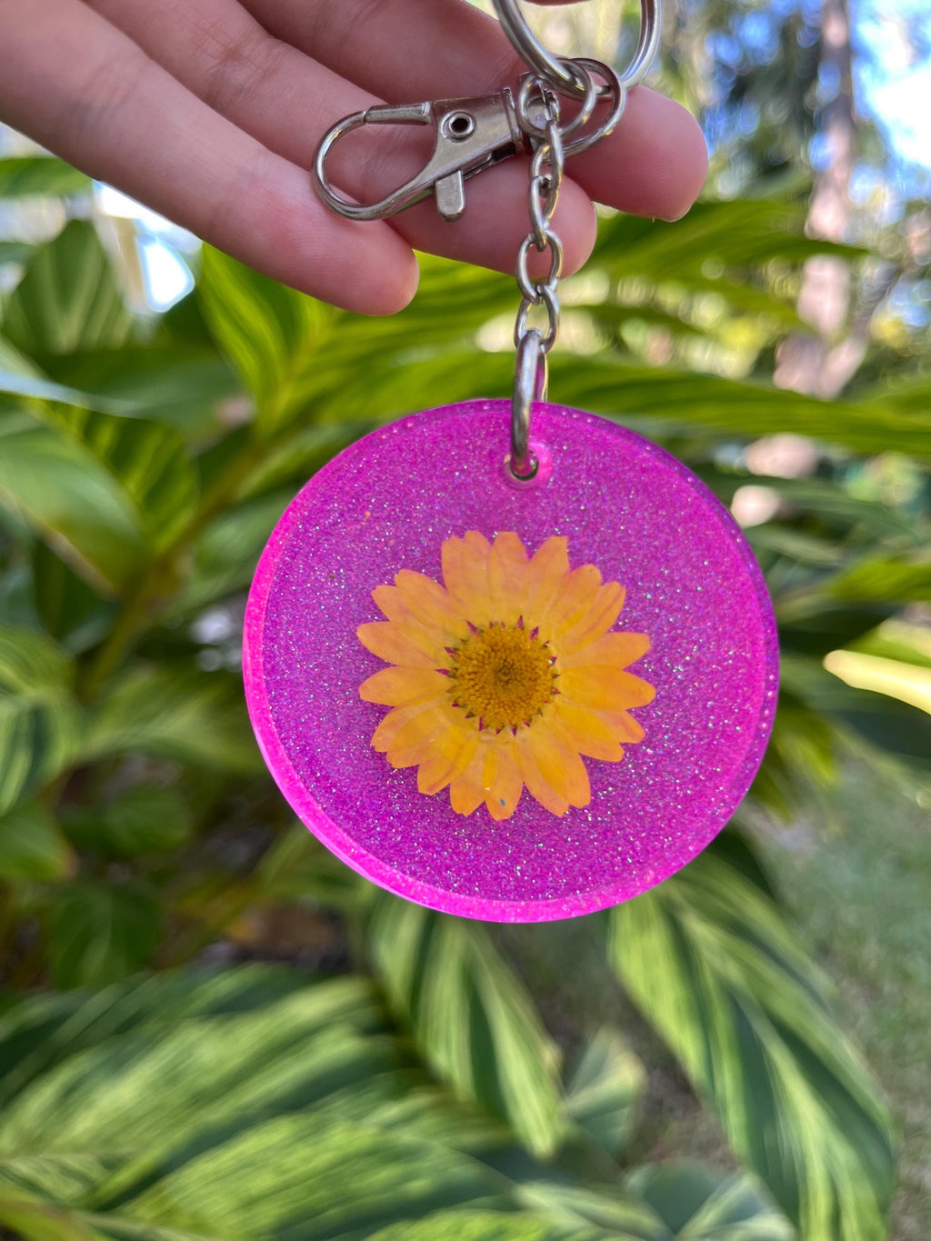 Handmade Pressed Flower Keychain: Pink Glitter Resin Keyring