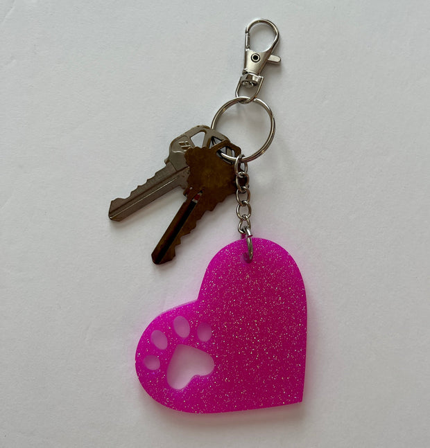 Glitter Heart Paw Print Keychain: Gift for Dog Mom