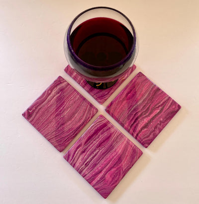 Hand-Painted Marble Coaster Set: Pink & Magenta Ceramic Drink Coasters