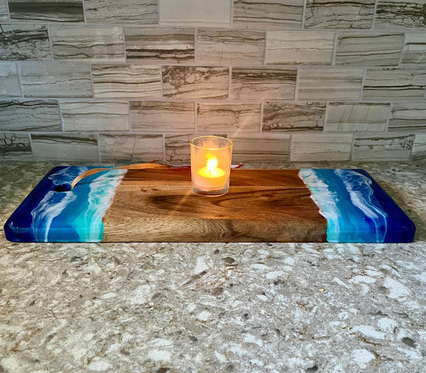 Hand-Painted Beach Wave Charcuterie Board: Acacia Wood Coastal Decor