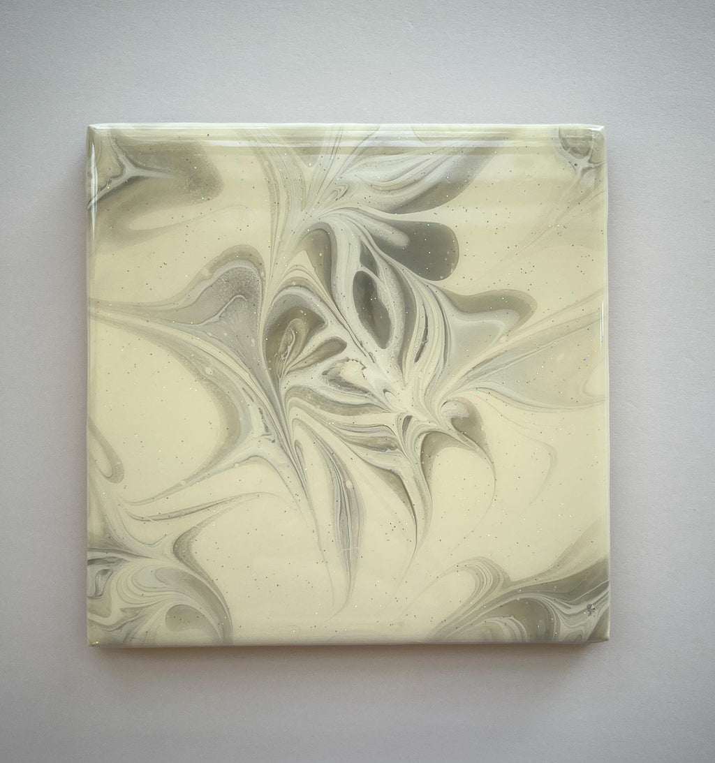 Hand Painted Gray and White Tile Trivet, Food-Safe, Heat-Resistant, One-of-a-Kind Kitchen Art