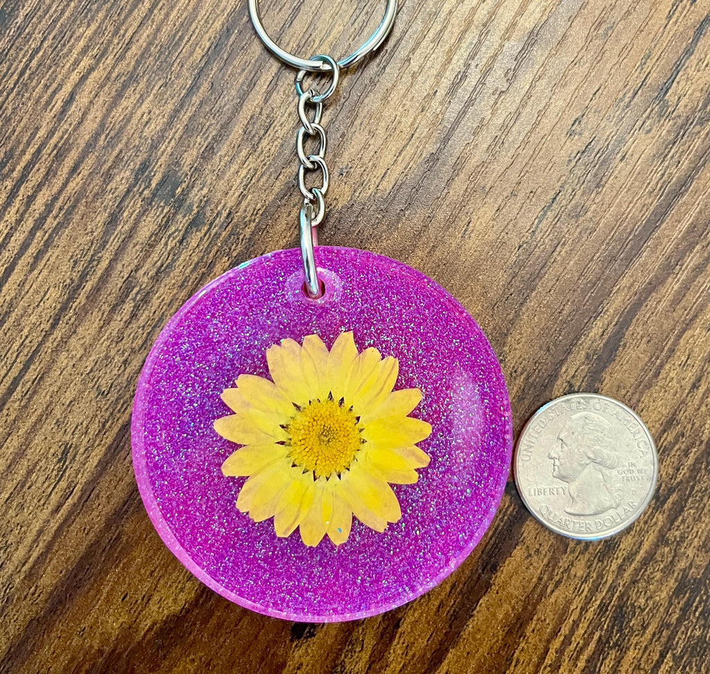 Handmade Pressed Flower Keychain: Pink Glitter Resin Keyring