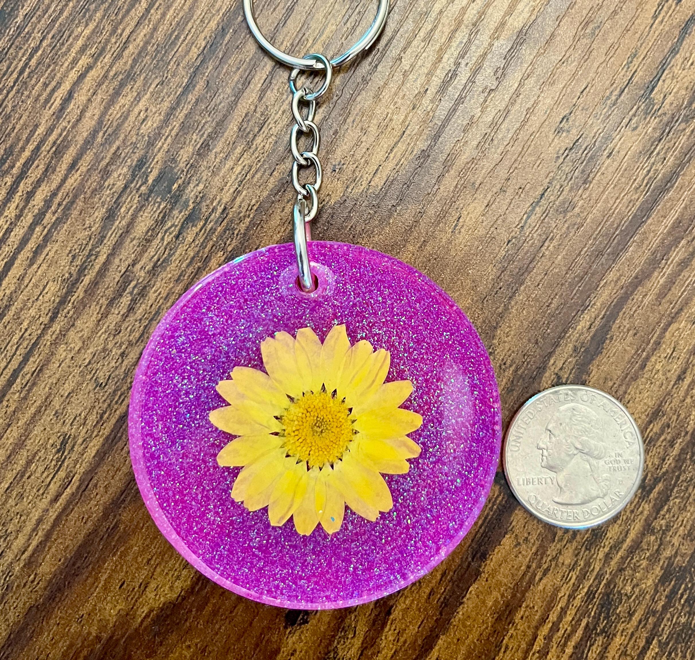 Handmade Pressed Flower Keychain: Pink Glitter Resin Keyring
