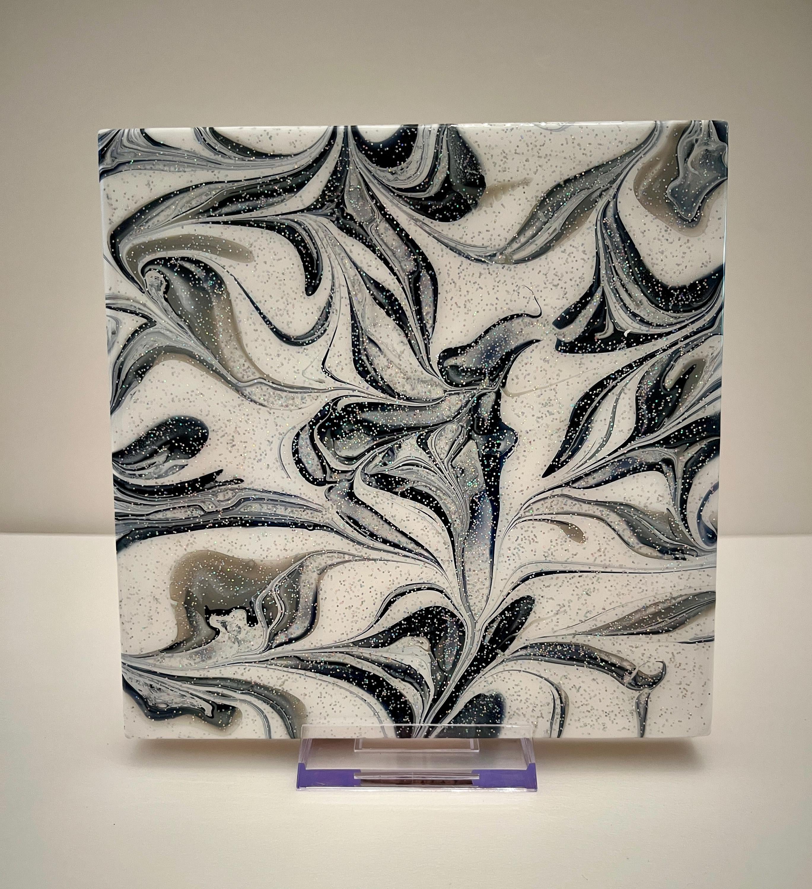 Hand Painted Gray, Black and White with Iridescent Glitter, Food-Safe, Heat-Resistant, One-of-a-Kind Kitchen Art