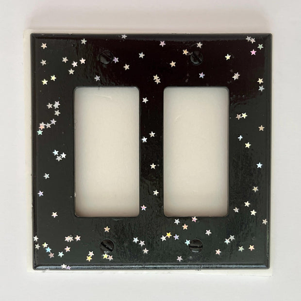 Hand-Painted Double Rocker Light Switch Cover: Black with Silver Glitter Stars