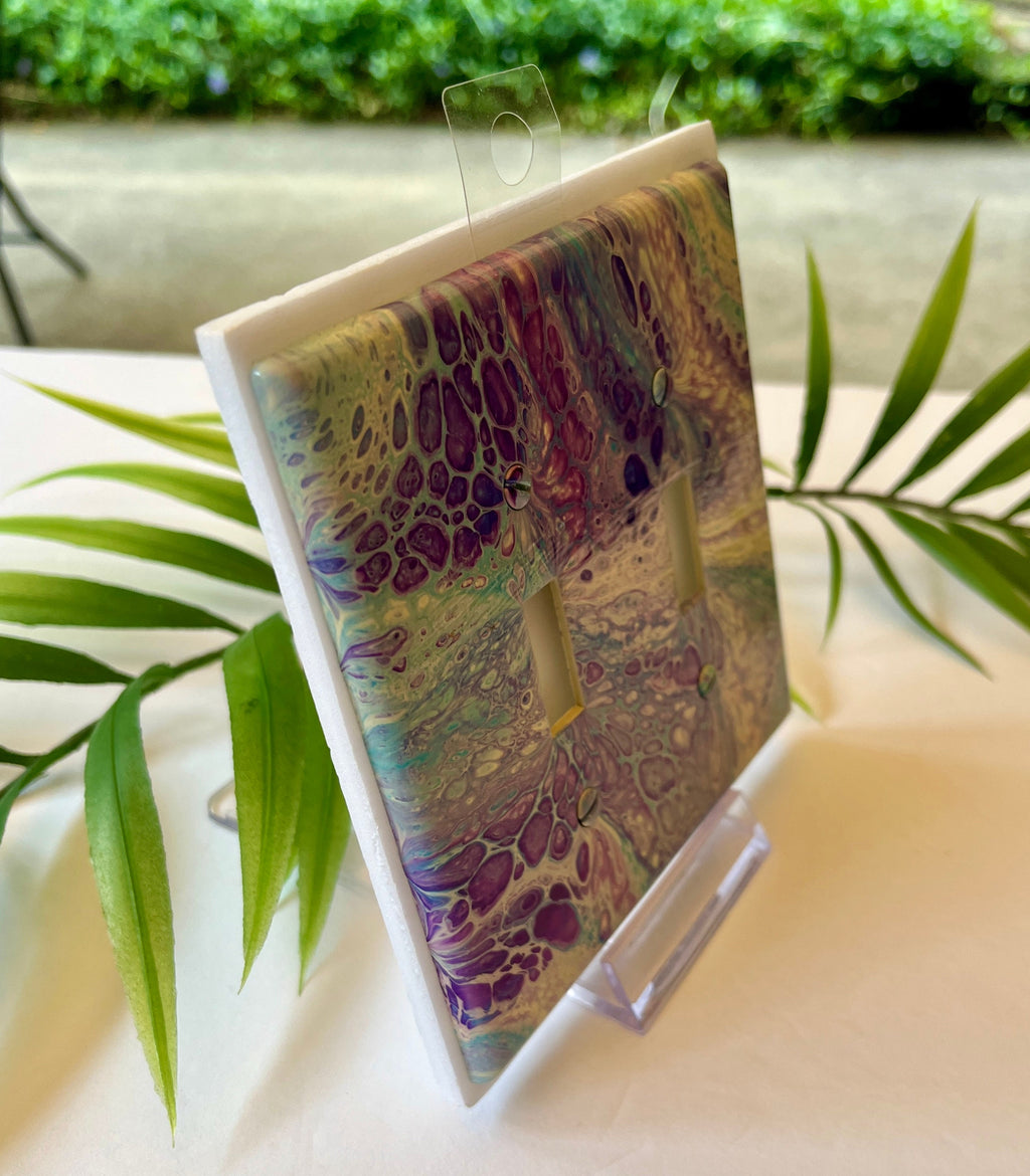 Hand Painted Double Toggle Light Switch Cover: Purple, Teal, and Ivory