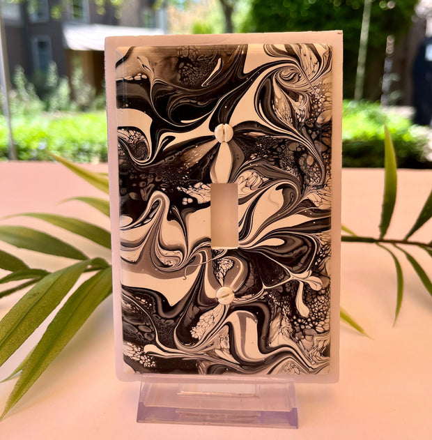 Hand Painted Swirl Single Toggle Switch Cover: Black and White Wall Decor