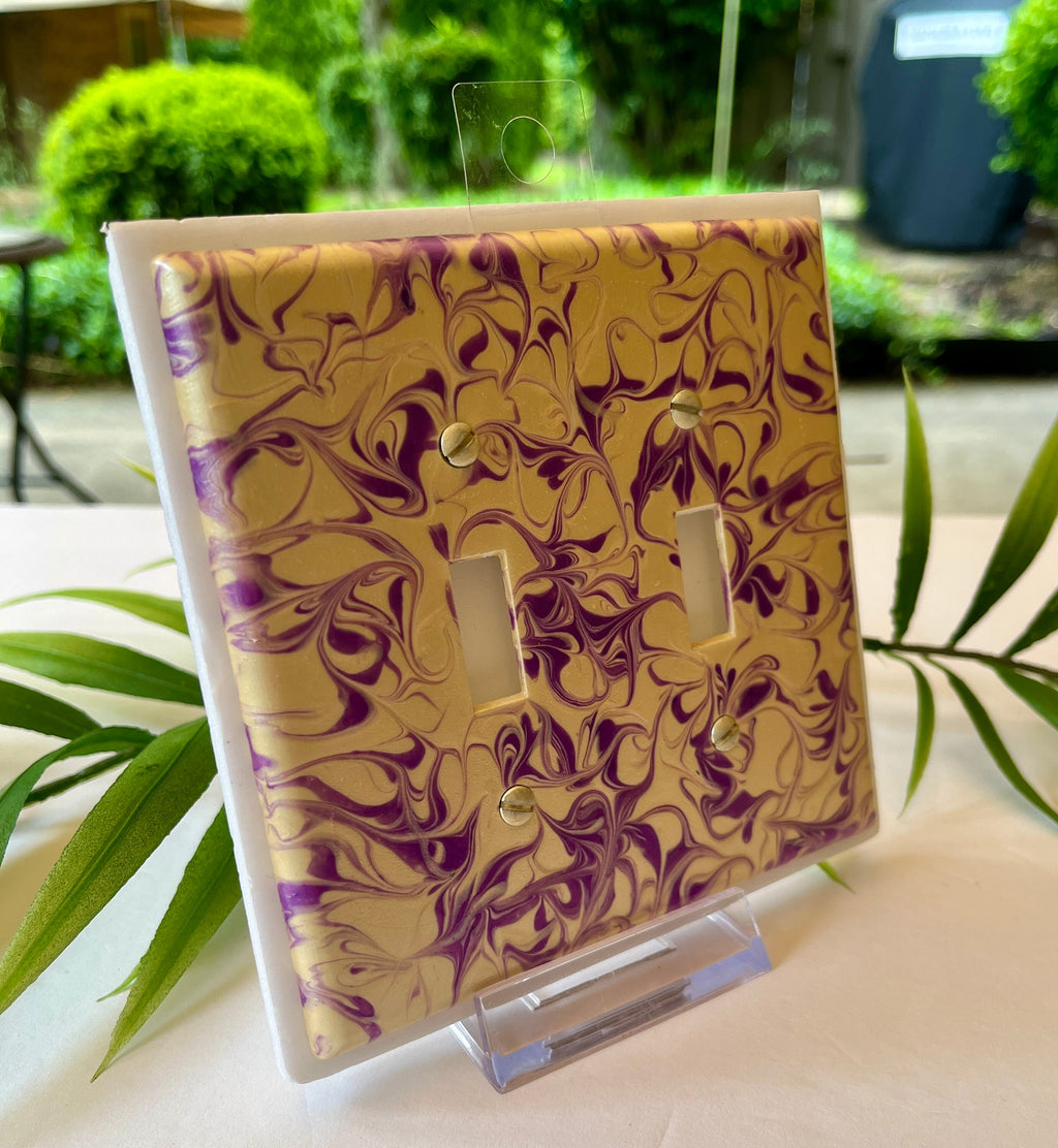 Hand Painted Double Toggle Light Switch Cover: Metallic Ivory & Purple