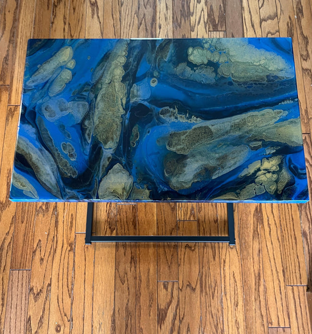Hand-Painted Epoxy Resin C Table: Blue and Gold Marble Accent Table