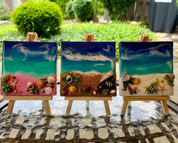 Miniature Beach Canvas Art: Real Sand & Seashell Seascape with Easel