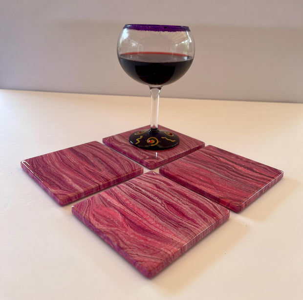 Hand-Painted Marble Coaster Set: Pink & Magenta Ceramic Drink Coasters