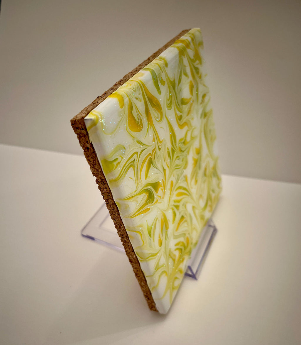 Hand Painted Tile Trivet: Yellow, Green, Iridescent Kitchen Art
