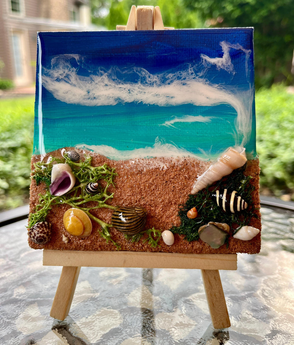 Miniature Beach Canvas Art: Real Sand & Seashell Seascape with Easel