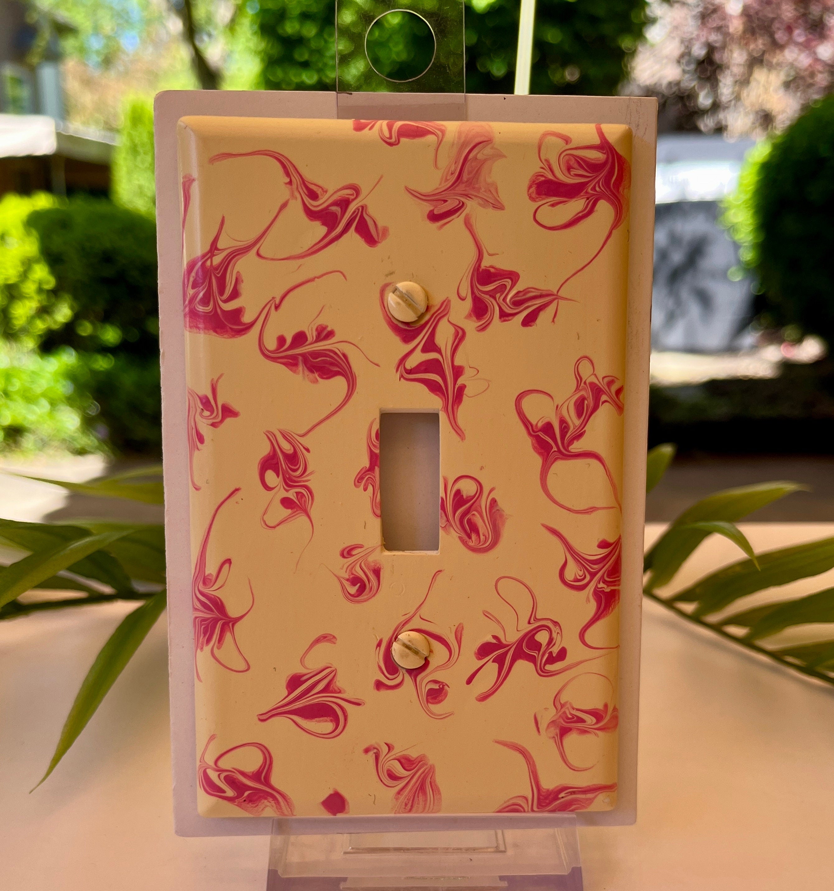 Hand Painted Single Toggle Light Switch Cover: Pink & Ivory Wall Decor