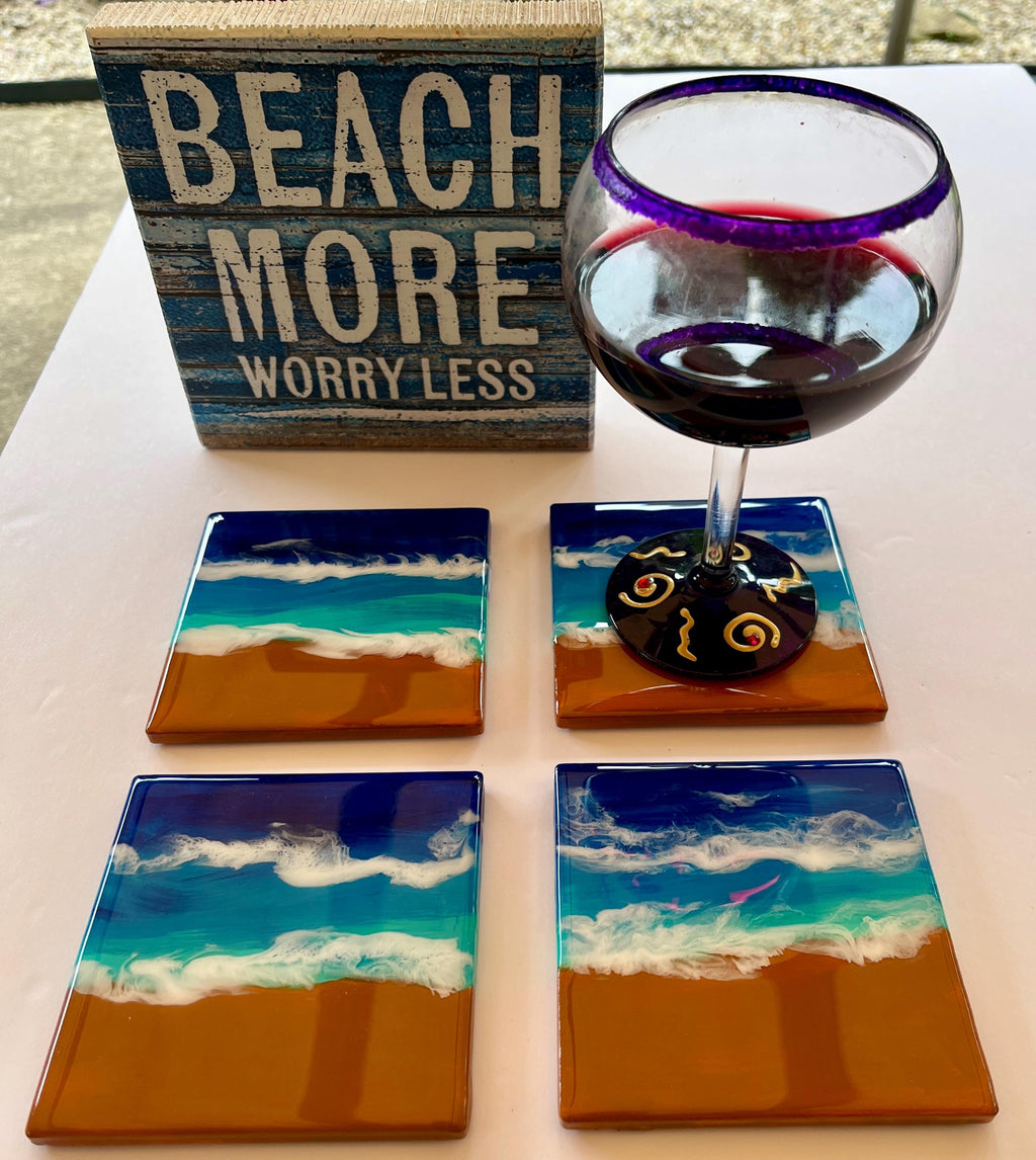 Coastal Ceramic Coasters – Set of 4 Beach-Themed, Hand-Painted & Resin Sealed Drink Coasters