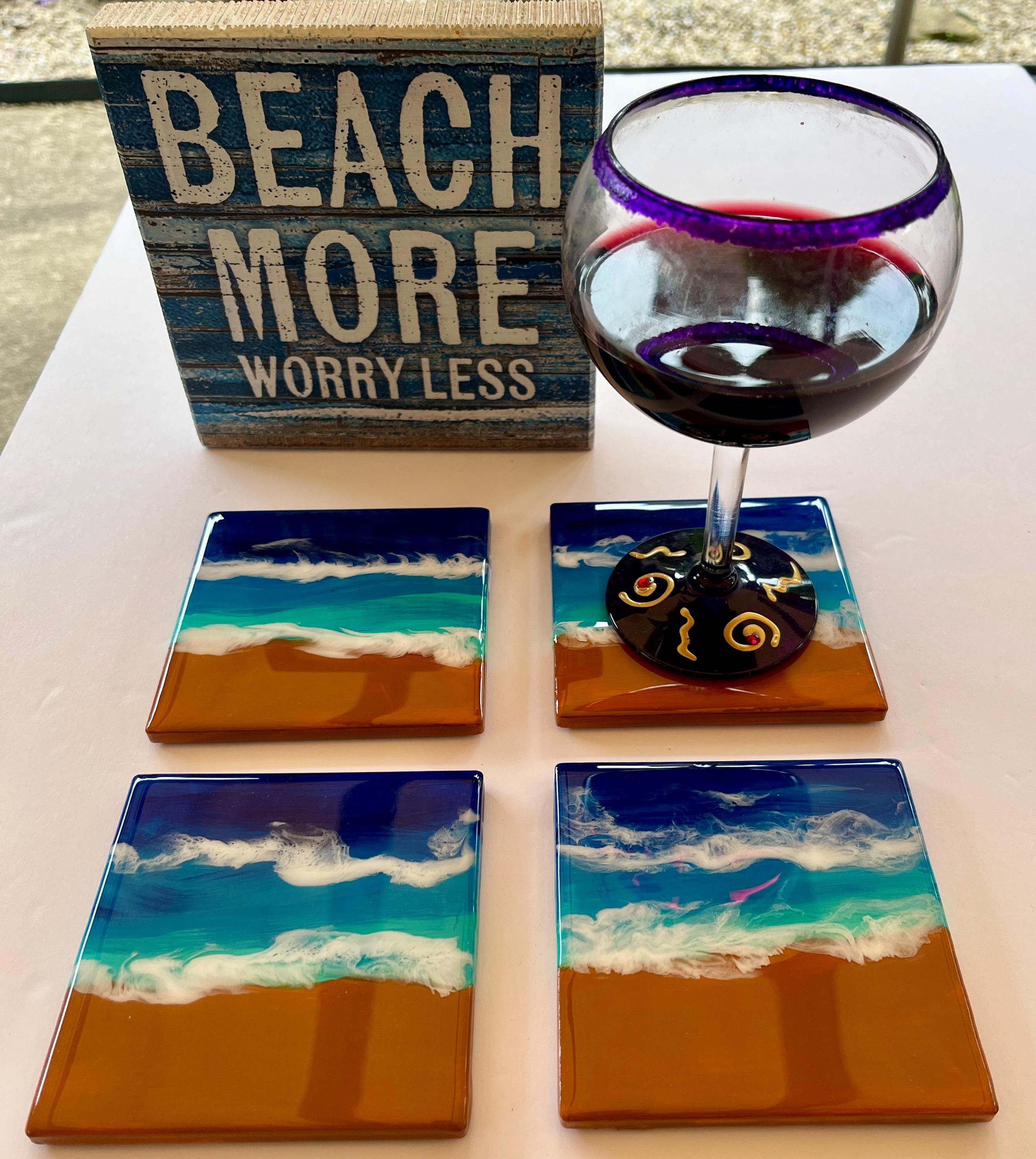 Coastal Ceramic Coasters – Set of 4 Beach-Themed, Hand-Painted & Resin Sealed Drink Coasters