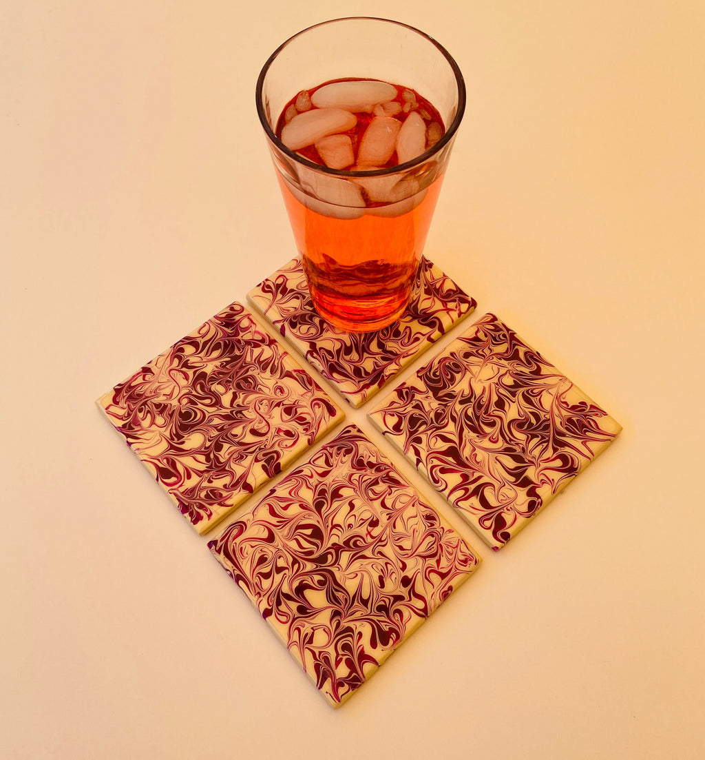 Purple and Ivory Swirl Coaster Set - Handmade Ceramic Tiles, Cork Backing, Resin Sealed
